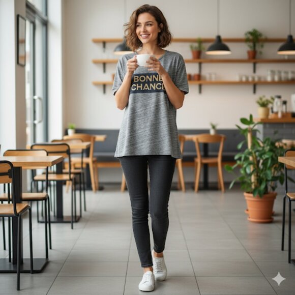 J Crew Gray 'Bonne Chance' Graphic Tee - Picture 1 of 12